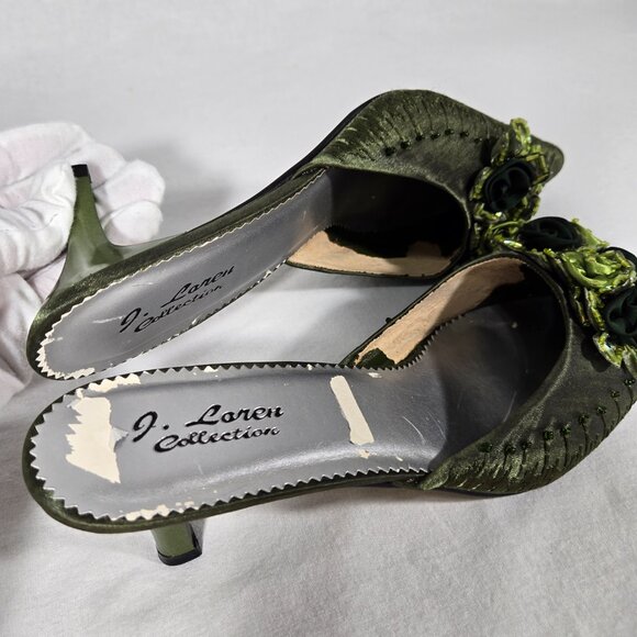 Vintage Y2K Hipster Fairy Hunter Green Floral Beaded Pointed Toe Mules Size 11M. - Picture 16 of 17